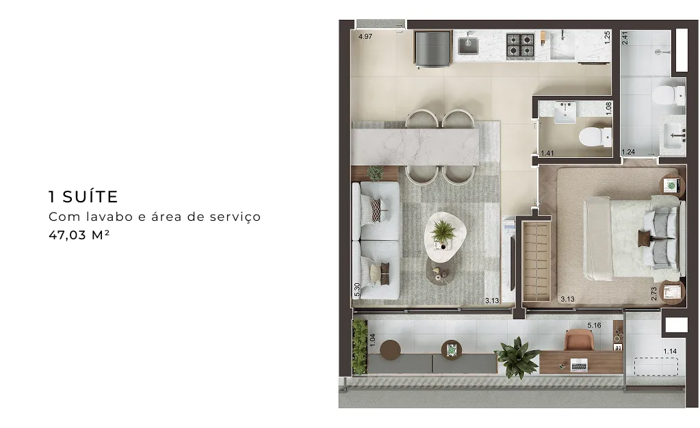 ILUSTRAÇÃO ARTÍSTICA DA PLANTA DE 47,03 M², FINAL 02 COM SUGESTÃO DE DECORAÇÃO. ENTREGUE CONFORME A PLANTA DE CONTRATO E MEMORIAL DESCRITIVO.