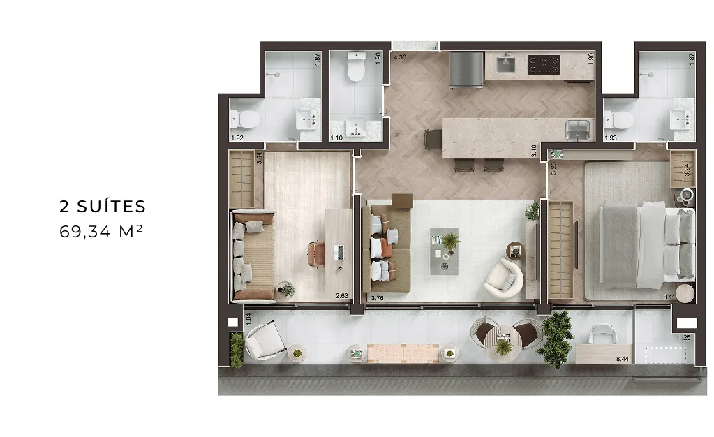 ILUSTRAÇÃO ARTÍSTICA DA PLANTA DE 69,34 M², FINAL 05 COM SUGESTÃO DE DECORAÇÃO. ENTREGUE CONFORME A PLANTA DE CONTRATO E MEMORIAL DESCRITIVO.