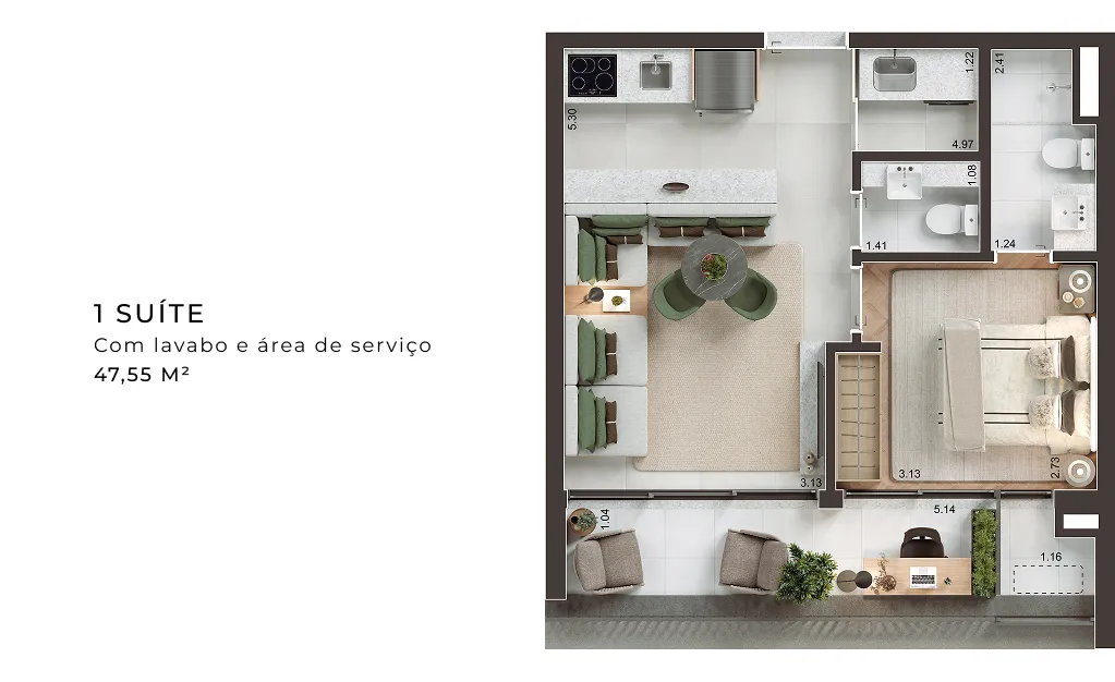 ILUSTRAÇÃO ARTÍSTICA DA PLANTA DE 47,55 M², FINAL 07 COM SUGESTÃO DE DECORAÇÃO. ENTREGUE CONFORME A PLANTA DE CONTRATO E MEMORIAL DESCRITIVO.
