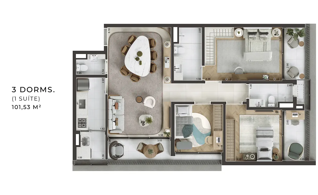 ILUSTRAÇÃO ARTÍSTICA DA PLANTA DE 101,53 M², FINAL 13 COM SUGESTÃO DE DECORAÇÃO. ENTREGUE CONFORME A PLANTA DE CONTRATO E MEMORIAL DESCRITIVO