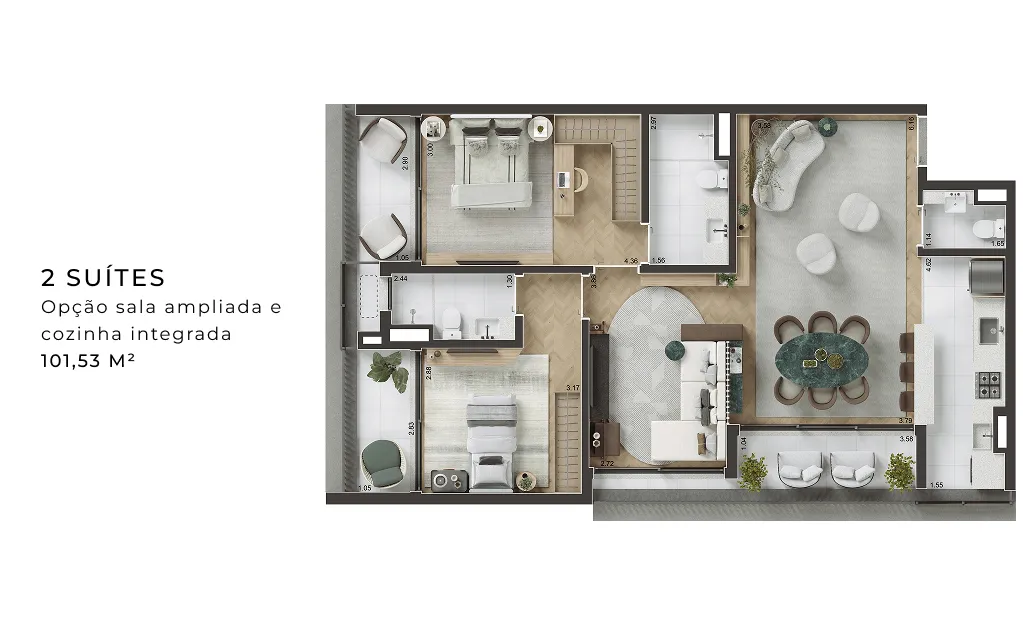 ILUSTRAÇÃO ARTÍSTICA DA PLANTA DE 101,53 M², FINAL 14 COM SUGESTÃO DE DECORAÇÃO. ENTREGUE CONFORME A PLANTA DE CONTRATO E MEMORIAL DESCRITIVO