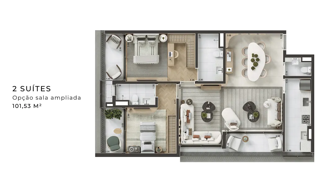 ILUSTRAÇÃO ARTÍSTICA DA PLANTA DE 101,53 M², FINAL 14 COM SUGESTÃO DE DECORAÇÃO. ENTREGUE CONFORME A PLANTA DE CONTRATO E MEMORIAL DESCRITIVO